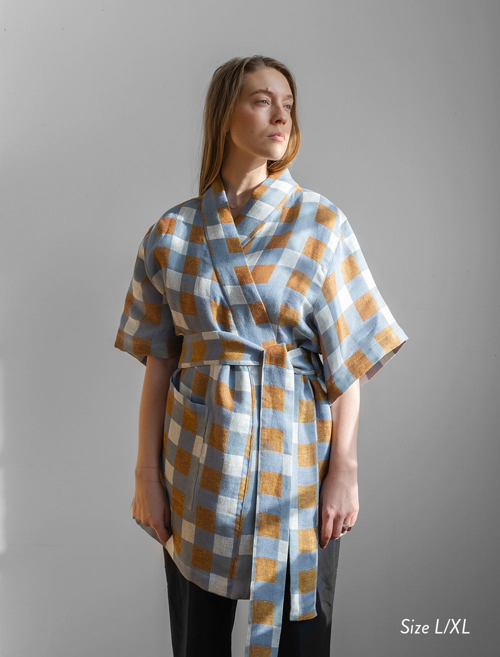 CHECKED WOVEN KIMONO, OAT - L/XL