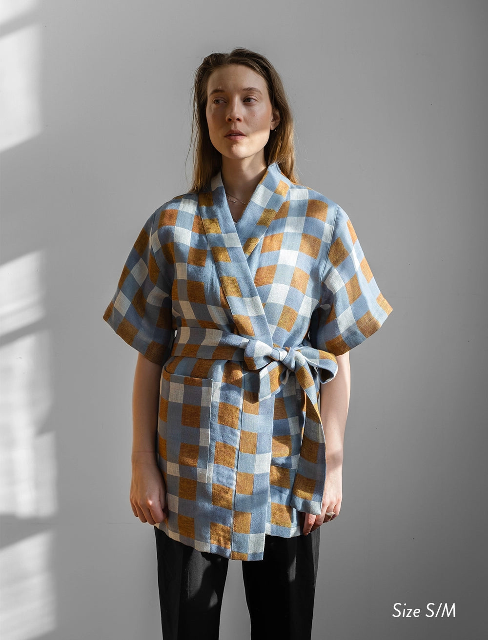 CHECKED WOVEN KIMONO, OAT - S/M