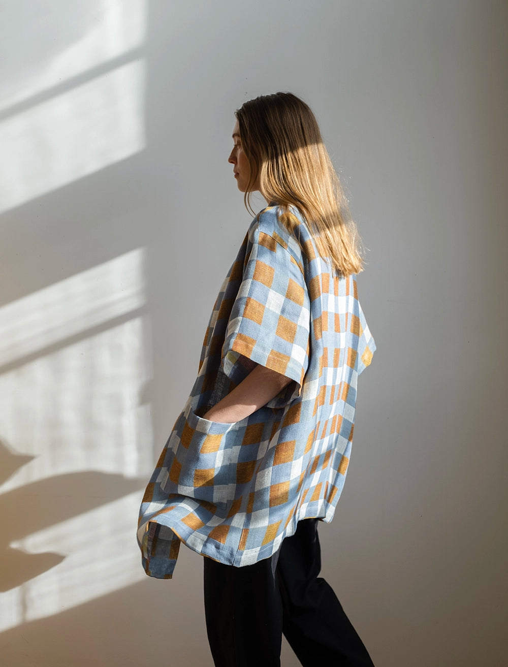 CHECKED WOVEN KIMONO, OAT - L/XL