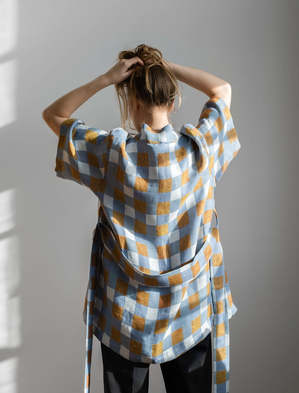 CHECKED WOVEN KIMONO, OAT - L/XL