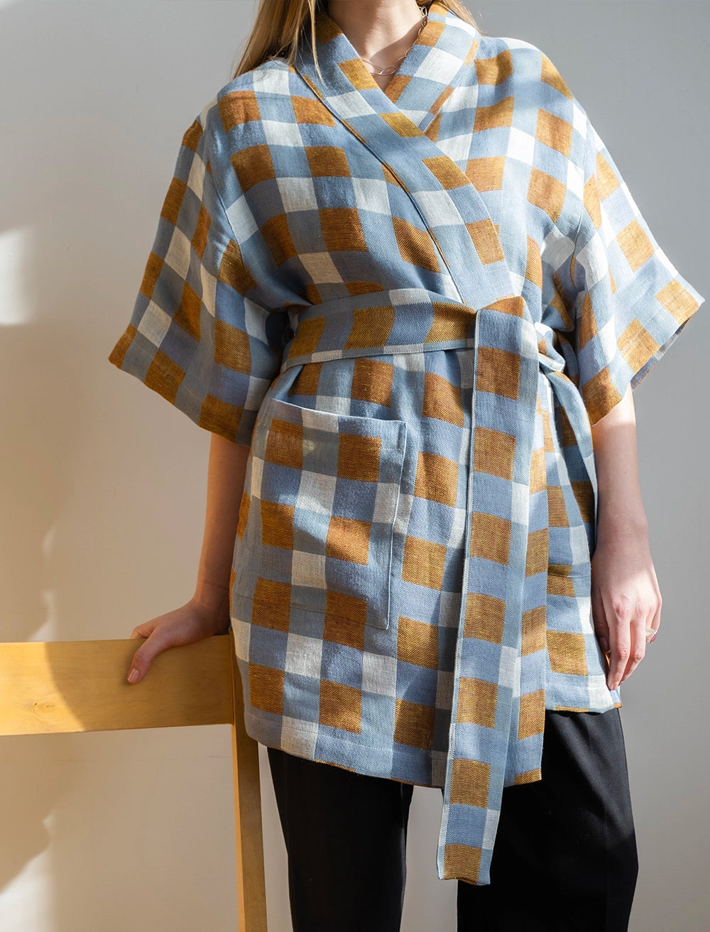 CHECKED WOVEN KIMONO, OAT - L/XL