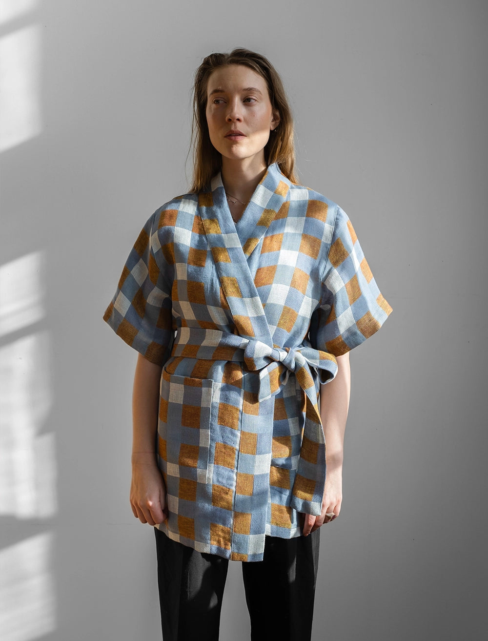 CHECKED WOVEN KIMONO, OAT - L/XL