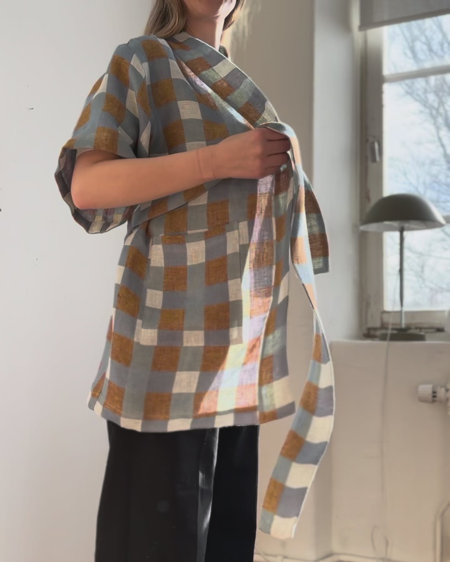 CHECKED WOVEN KIMONO, OAT - L/XL